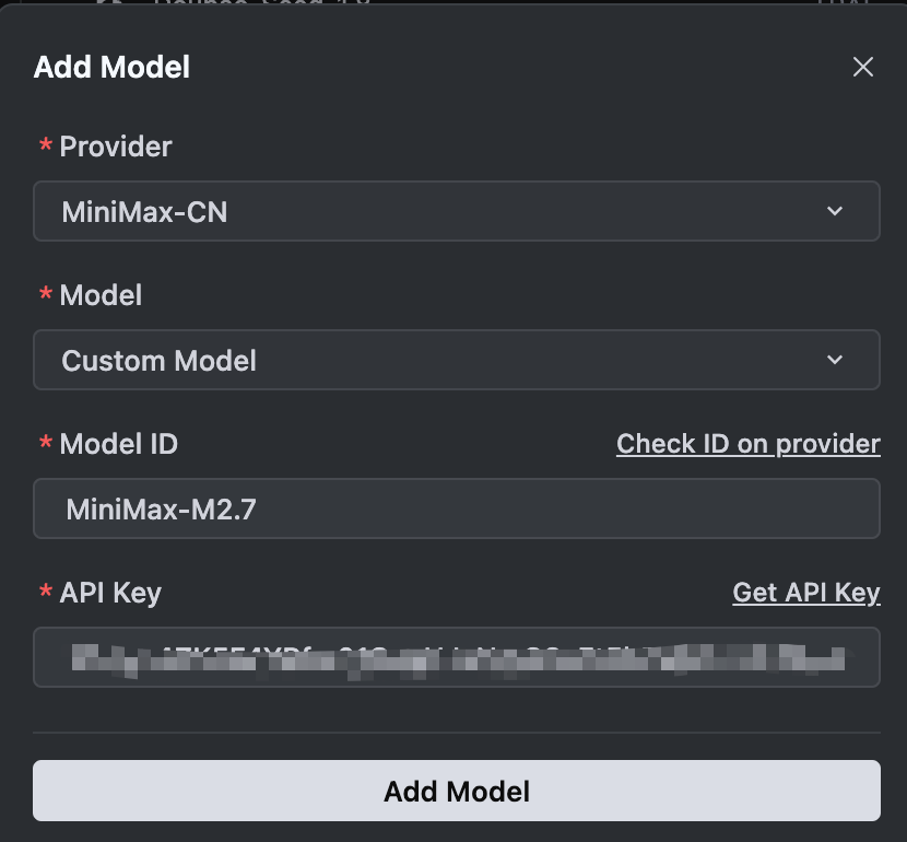 输入MiniMax-M2.7和API Key